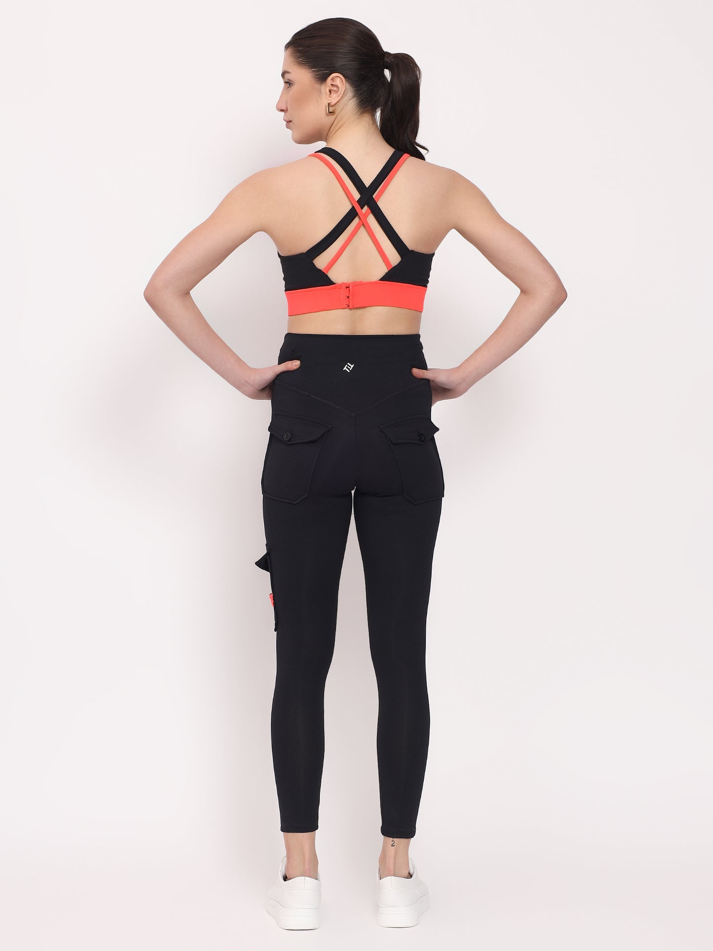 Premium Orange & Black 3-Pocket Joggers with Sports Bra Yoga Set Brown