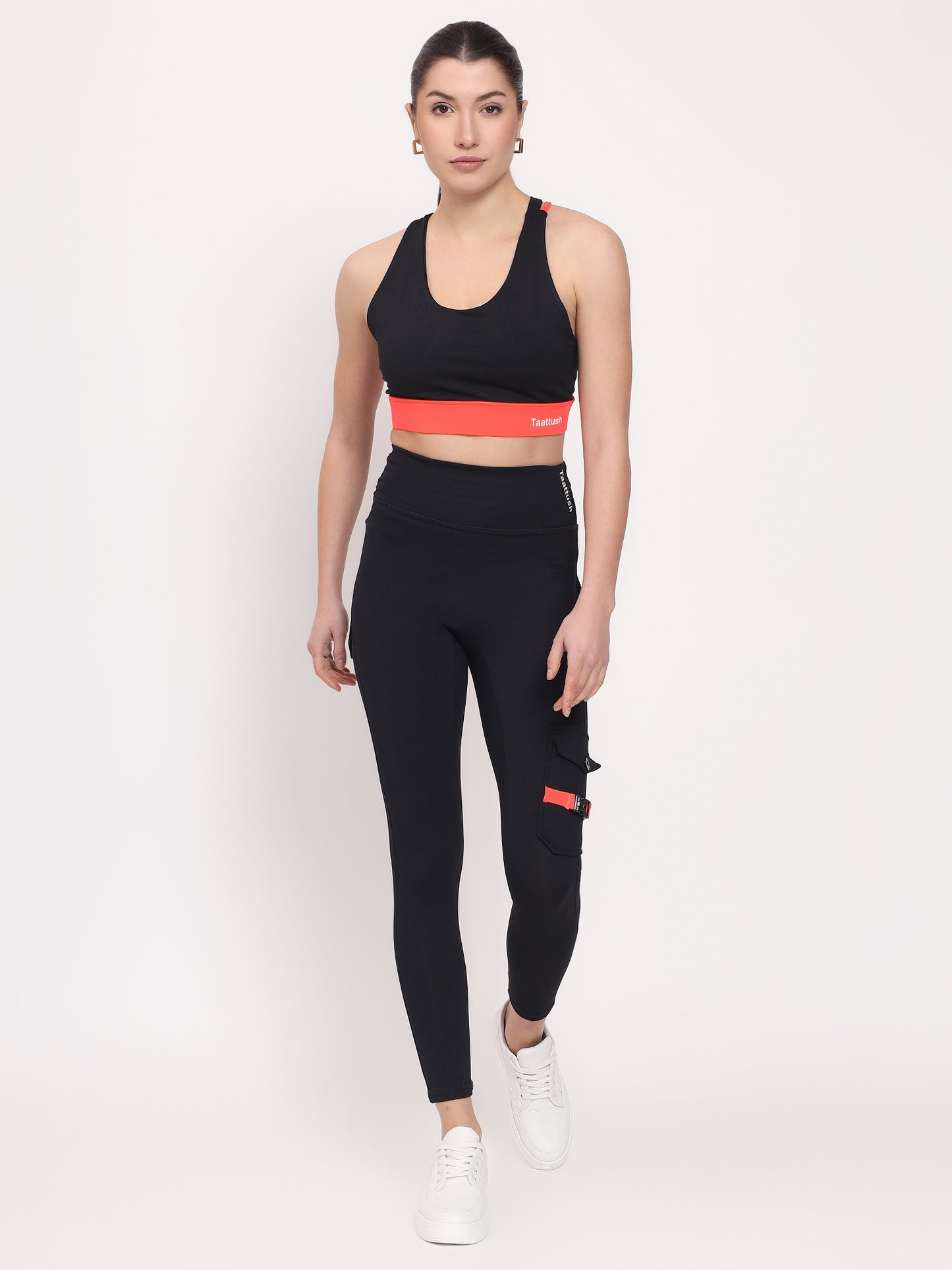 Premium Orange & Black 3-Pocket Joggers with Sports Bra Yoga Set Brown
