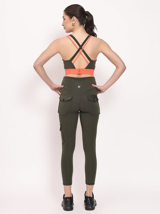 Premium Orange & Black 3-Pocket Joggers with Sports Bra Yoga Set Grey