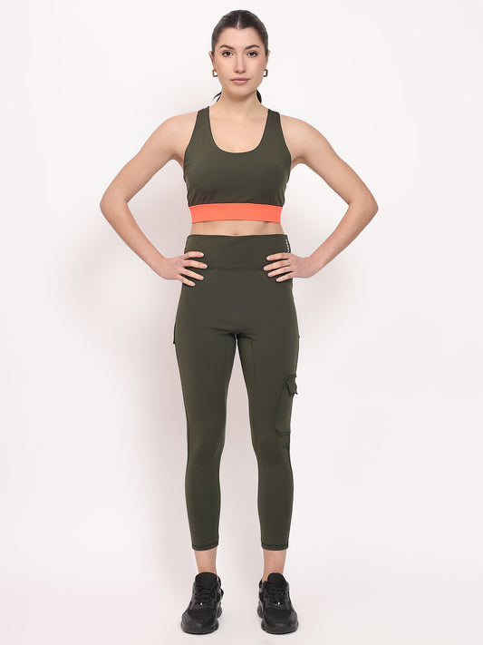 Premium Orange & Black 3-Pocket Joggers with Sports Bra Yoga Set Grey